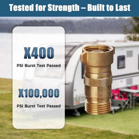 Front view: Brass RV water pressure regulator with filter, 3/4 in GHT, 40-50 PSI preset