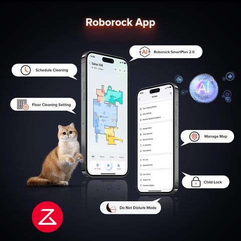 Roborock Saros 10R robot vacuum and mop, with Roborock app screens on two smartphones showing map and cleaning settings