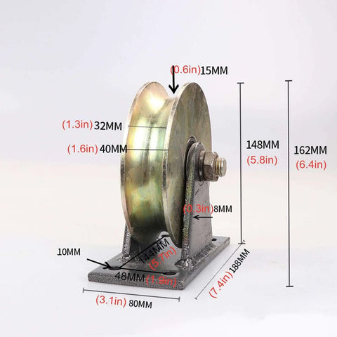 Beefy Heavy Duty Sliding Gate Roller Wheel For Inverted Track U Type Caster side view, 148mm wheel, galvanized finish