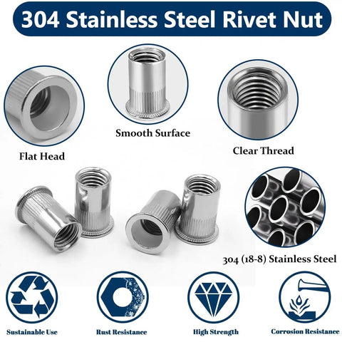 Rivet Nut Kit With 300 Pcs Metric And SAE Rivet Nuts M3 Through M12 And 8-32 Through 1/4-20 In 304 Stainless Flat Head Nutserts