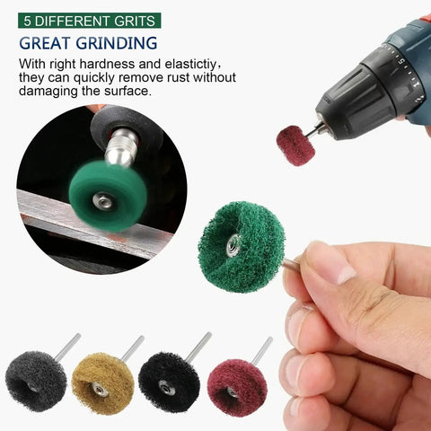 Buffing Wheel Set 100 Pack Pro Grade For Metal Polishing Rotary Tool Accessories 1 Inch Diameter with various grits shown in use.