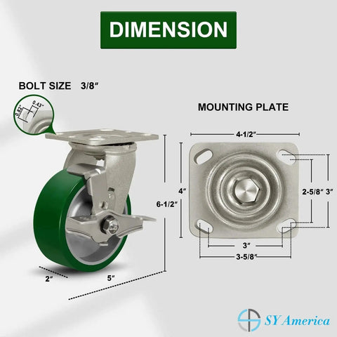 Heavy Duty 5 Inch By 2 Inch Caster Wheels Set Of 4 With Polyurethane On Aluminum Wheels Swivel Casters With Top Lock Brakes For Easy Locking And Maneuverability 4400 Lbs Load Capacity When Used As A Set Green, shown with dimensions and mounting plate view