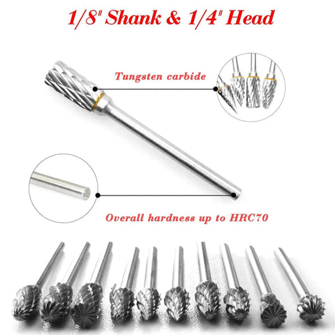 Beefy Pro Grade Tungsten Carbide Rotary Burr Set Ten Piece Double Cut Bits For DIY Carving Engraving And Drilling