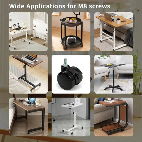 Lockable Caster Wheels For Standing Desk Replacement Castors Set Of 4 With M8 Stem Nylon Threaded Swivel Casters For Height Adjustable Table Base And Frame Sit To Stand Desks Easy To Install With Included Wrench Tool shown in various table applications