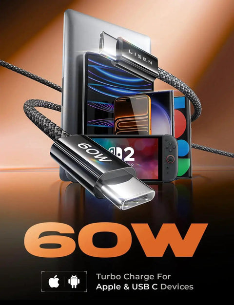 USB C To USB C Cables 60W Fast Charge Kit Five Pack Includes 3.3ft 6.6ft 10ft shown with devices
