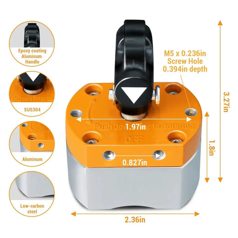 DTLHCNCT 180lb on/off switch magnet welding holder front view; orange top, black lever, aluminum body