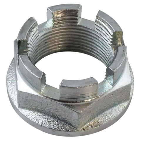 Close-up of a metal axle nut from the Front Drivetrain Kit With Two CV Axle Shafts Inner Seals Wheel Bearings Hubs And Seals For 2001 2007 Toyota Sequoia And 2000 2006 Tundra Beefed Up OEM Grade Replacement Assembly.