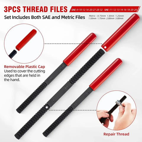 3-piece thread files with red handles and measurement details in the background.