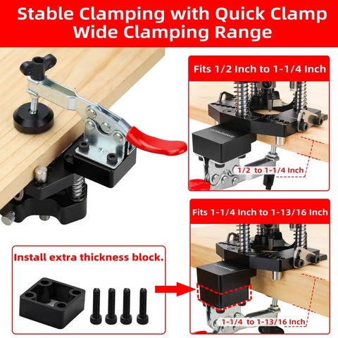 Close-up of 3 Axis Concealed Hinge Jig Ultra with Extra 35mm Hinge Hole Drill Guide and Quick Clamp for Metal Cabinet Doors.