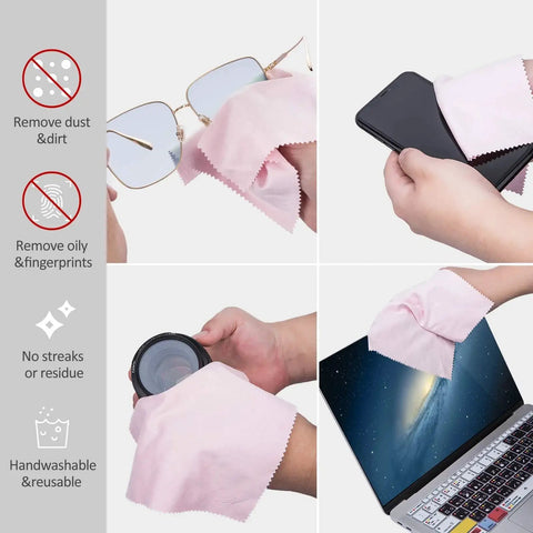 Portable Microfiber Cloth With Bag Charm And Keychain Glasses And Screens Pink cleaning glasses, phone, camera, and laptop.