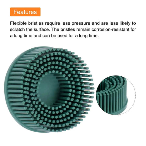 Close-up of Green Harfington Pro Grade Heavy Duty Rubber and Diamond 4 Pack 2 Inch 50 Grit Bristle Disc Brushes for Deburring and Coating Removal