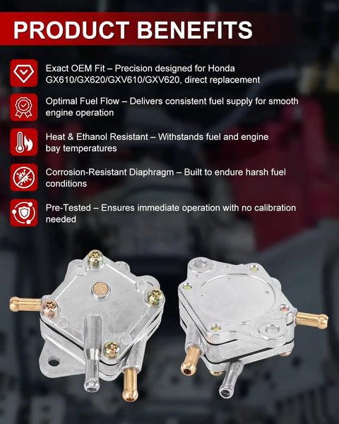 Vacuum Pulse Fuel Pump For Honda GX610 GX620 GXV610 GXV620 Personal Watercraft And Snowmobiles 31 Liters Per Hour OEM 16700 ZJ1 003 Square Single Outlet Beefed Up Performance Fuel Pump, showcasing product benefits such as optimal fuel flow and corrosion resistance.
