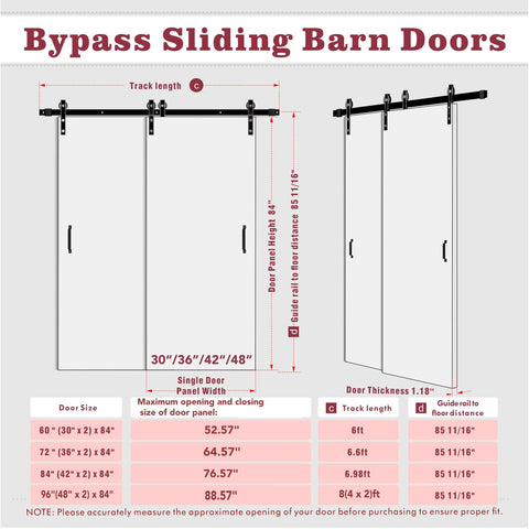 Space Saving Sliding Barn Door With Bypass Hardware Kit, 72 Inch By 84 Inch, Single Track For Double K Frame Doors, diagram