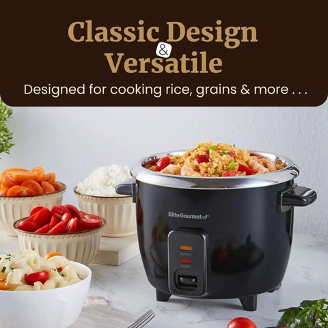 Black 6-Cup Electric Rice Cooker with Stainless Steel Inner Pot for Fluffy Rice, Soups, Stews, Porridges, Easy Cooking, Keeps Warm