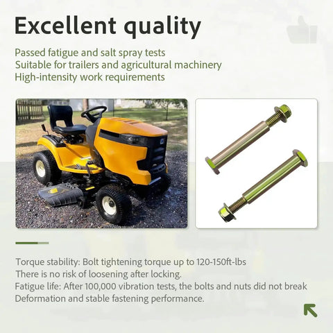 Beefy Heavy Duty Deck Wheel Bolts And Lock Nuts Kit next to yellow lawn tractor on grass