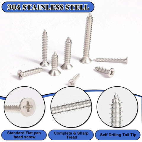 Value Packed 280 Pieces Wood Screws Set In M5 M4 M3 Sizes Flat Head Stainless Steel Self Tapping Deck Door Cabinet Hardware Kit Rust Resistant Great For DIY Projects And Outdoor Furniture showing various screw sizes and features.
