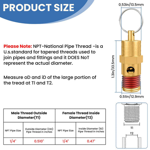 DALQUIS 1/4 in male NPT brass safety valve with 150 PSI relief for air compressors; front view with size diagram.