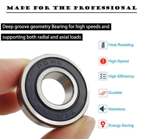 Close-up ball bearing with 1/2 in bore, double rubber seal, steel body and black seal, R8-2RS