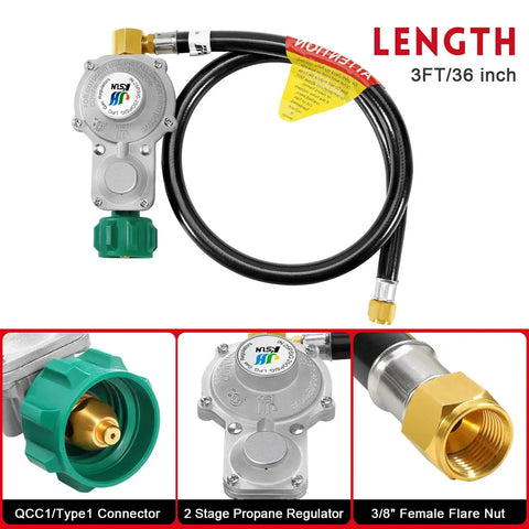 Image of Ready to Hook Up 3ft Two Stage Propane Regulator Hose With 90 Degree Fittings, featuring 3/8 inch female flare nut and length details.