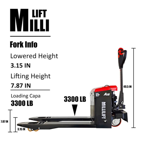 Millilift electric pallet jack, side view, 3300 lb capacity, black with red accents.