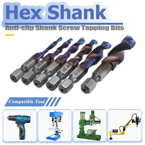 Six Piece HSS Tap Drill Bit Set for Drilling and Tapping M3 x 0.5 to M10 x 1.5 with Hex Shank and Blue Coating