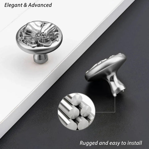 Silver flower shaped cabinet knobs in brushed satin nickel, side view with detail, from 8 Pack for drawers, dressers, and closets.