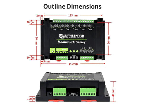 Rugged Modbus RTU 8 Channel Relay Module With RS485 Interface And ABS Enclosure, front and side view with outline dimensions.
