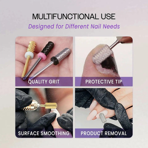 Pro Grade Carbide Nail Drill Bit For Gel Polish And Acrylic Removal Small Barrel Shank Three Thirty Second Inch Silver Coarse Grit Two Way Rotation Safe Electric File Tool For Nail Salon Manicure Pedicure shown with examples of nail care use.