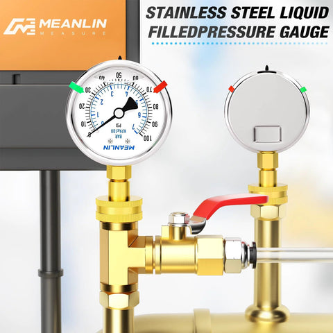 Meanlin 0–100 psi stainless steel liquid-filled pressure gauge, 2.5" dial on brass 3/4" female test manifold