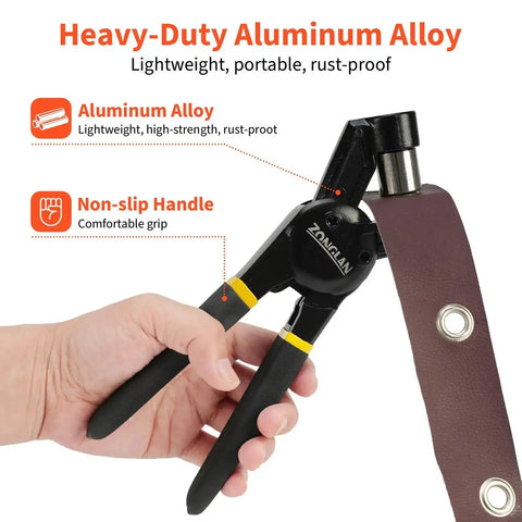 Hand using Three Eighths Inch Handheld Eyelet Kit With Pliers on leather strip, highlighted features of ergonomic non-slip handle and aluminum alloy.