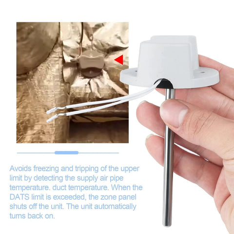 Honeywell Discharge Air Temperature Sensor C7735A1000 handheld showing probe and wiring for HVAC zone control systems