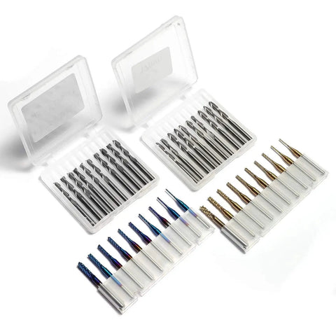 40 Piece CNC Router Bit Set With One Eighth Inch Shank Including Two Flute Flat Nose And Ball Nose Bits Nano Blue And Titanium