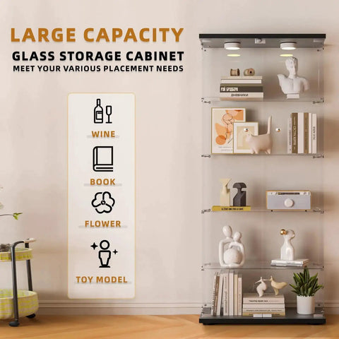 Five Shelf Glass Display Cabinet With Locking Door And Remote LED Lights, black finish, showcasing various items in living room.