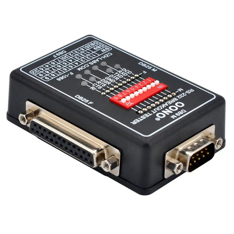 RS232 Breakout Tester LED Monitor Module with DB9 Male, DB25 Female connectors for serial data link debugging, side view.