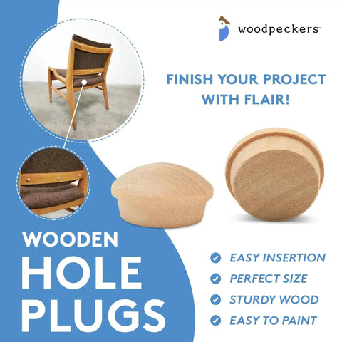 Three Eighth Inch Maple Wood Hole Plugs, Pack Of 100, showcasing button top design for concealing screw holes with a decorative mushroom top.
