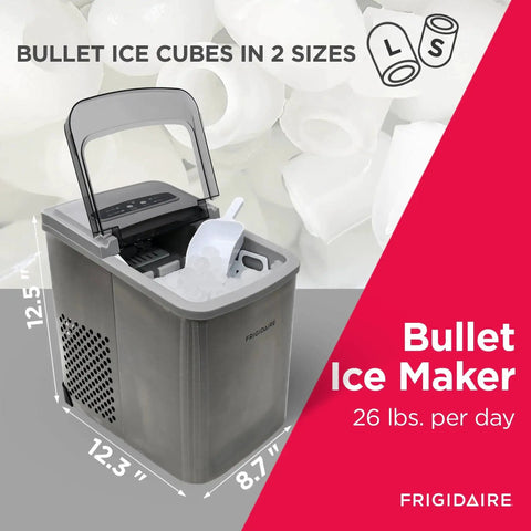 Portable Ice Maker 26 Lbs Per Day Stainless Steel Countertop For Home Bar Kitchen, with open lid and ice scoop visible.