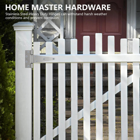 Gate hinge, 6-inch stainless steel tee hinge for white wooden fence gate, screws included, 4-pack.