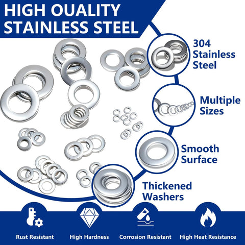 Flat washers set: 300 stainless steel washers (304 SS) in assorted sizes M2–M12 for screws and bolts, smooth finish