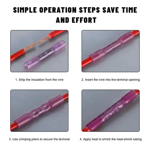 Image showing four steps to connect wires using a quick connector for Waterproof Push Button Switch with Quick Connector for 12V LED Accent Lighting.