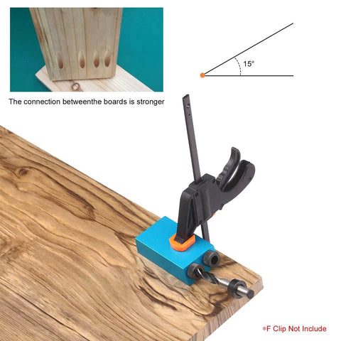 Pro Grade Pocket Hole Jig Kit With 15 Degree Dowel Drill Set on wooden surface showing angled hole and tool positioning