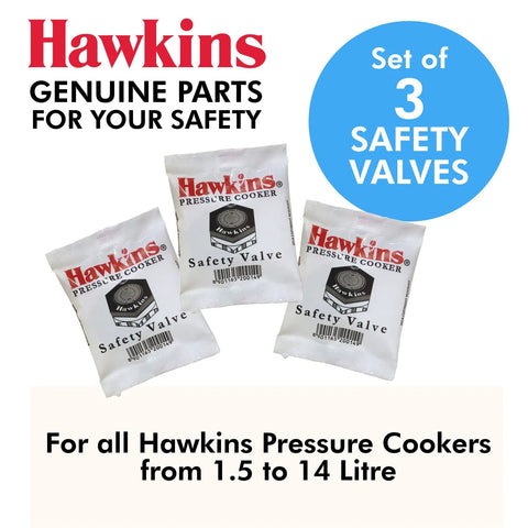 Hawkins B1010 3-piece pressure cooker safety valve set; three white packets labeled Safety Valve