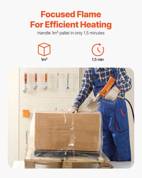 Propane heat gun for pallets, 187660 BTU, adjustable, 26 ft hose, shrink wrapping demo with focused flame and timing details