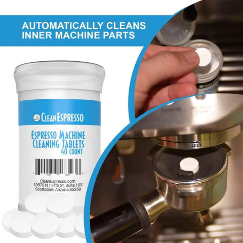 CleanEspresso 40-count espresso cleaning tablets bottle, hand inserting tablet into espresso machine