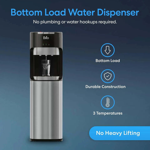 Bottom Load Water Dispenser for Five Gallon Bottles with Hot Cold and Room Temperature Water, stainless steel, no heavy lifting
