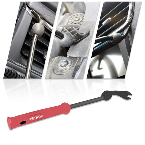 Trim Removal Tool Set For Car Interior Pro Grade 8 Piece Red Pliers Kit For Door Panels And Trim Clips Removal, Fasteners, Upholstery Repair And Audio Panel Trim, Ergonomic Non Slip Handles, close-up of tool with automotive trim.