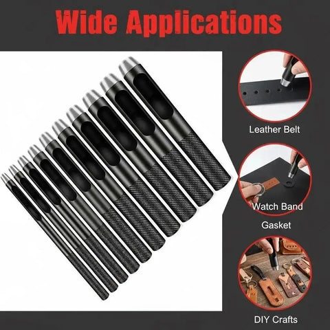 Image showing 10 Piece Round Hole Punch Set For Leather Craft Pro Grade Steel Hollow Punches 1mm To 10mm with wide applications.