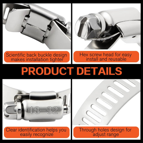 185-piece 304 stainless worm gear clamp set, 1/4–2 in (6–51 mm), includes 10 ft strap and 8 fasteners