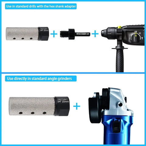 Diamond Coated Finger Bit Three Quarters Inch Tile Milling Bit For Enlarging And Shaping Holes In Porcelain Ceramic Marble And Granite Tiles With Five Eighths Inch Thread To Three Eighths Inch Hex Shank Adapter And Diameter Twenty Millimeter with drill and grinder setup