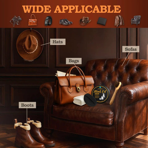 All in One Mink Oil Leather Care Kit With Cleaner And Conditioner, Horsehair Brush, Sponge And Towel For Boots Shoes And Bags, Waterproof And Stain Resistant Leather Maintenance displayed with leather goods.