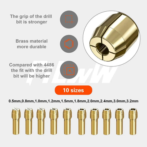 Brass collets from Sixteen Piece Drill Chuck Collet Set For Rotary Tools 0.8 To 3.2 Millimeter Range Replacement 4486 Keyless Bit Chuck
